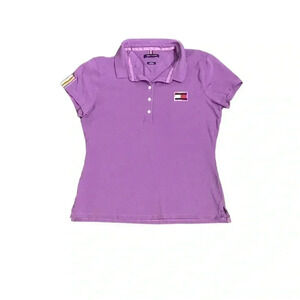 Tommy Hilfiger Women M Slim Fit Stretch Pride Flag Polo Short‎ Sleeve Purple Y2K